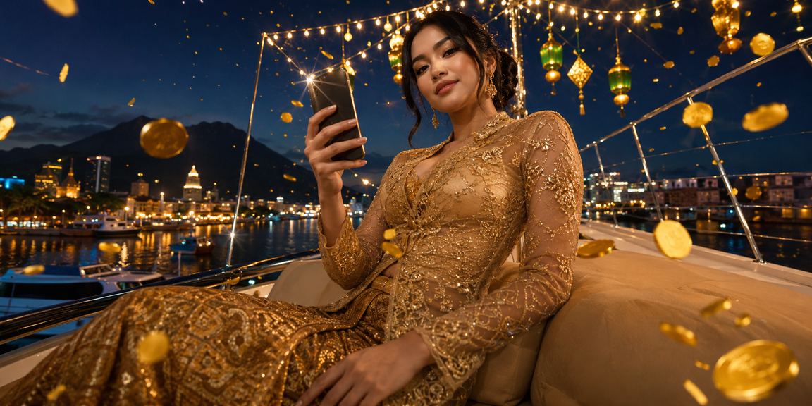 Pengguna bermain casino di ponsel saat festival malam yang meriah