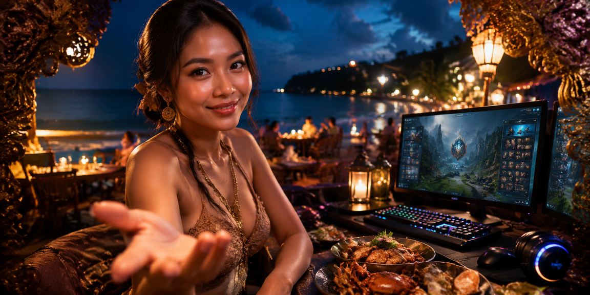 Pemain eSports menikmati taruhan game kompetitif dengan suasana pantai yang cerah dan santai