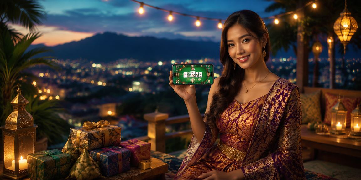 Seorang pemain menatap layar permainan kartu dengan ekspresi fokus di meja kasino