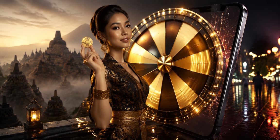 Seorang pemain memegang hadiah undian lucky draw di malam penuh cahaya